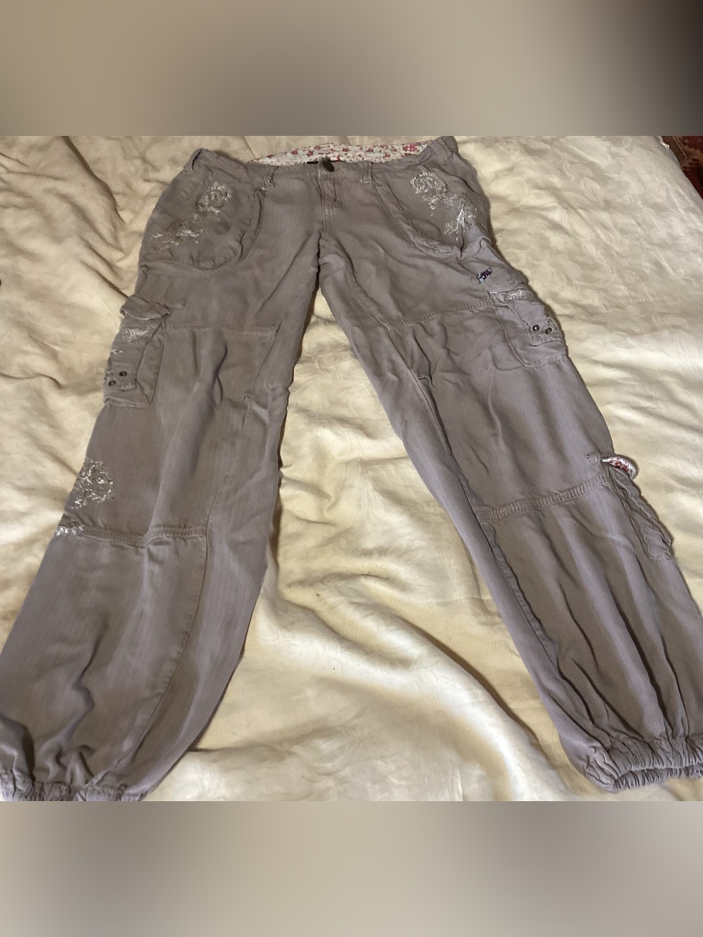 Neutral Beige Embroidered Cargo/Hippie Pants